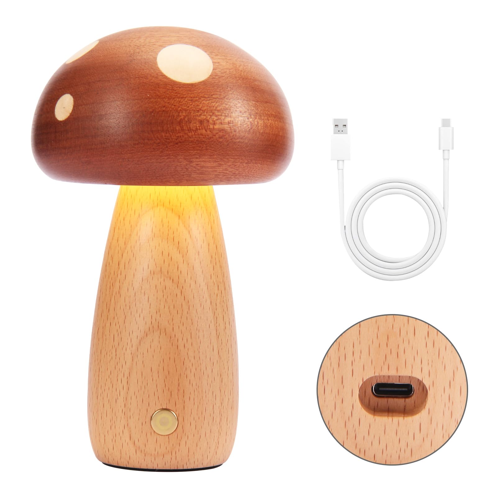 JIYUERLTD Wooden Mushroom Night Light, USB Rechargeable LED Desk Lamp, Dimmable Cute & Cozy Nursery Lamp, Decorative Beechwood Table Light (Ebony Large)