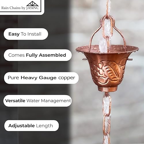 Miniatura 4 de Copas de viñedo de hoja de uva de 8.5 pies de cobre puro, para reemplazar canaleta de techo, con kit de instalación, atrapador de agua de