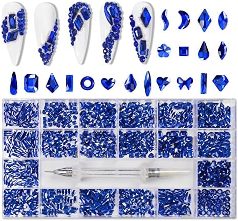 1000Pcs Blue Flatback Nail Rhinestones for Nails, Mix 20 Styles Nail Gems Gemstones Crystals Jewels, Craft Glass Diamonds Stones Set with Wax Pencil for Faces Eyes Clothes Shoes