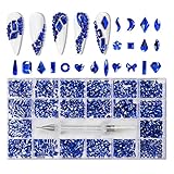 1000Pcs Blue Flatback Nail Rhinestones for Nails, Mix 20 Styles Nail Gems Gemstones Crystals Jewels,