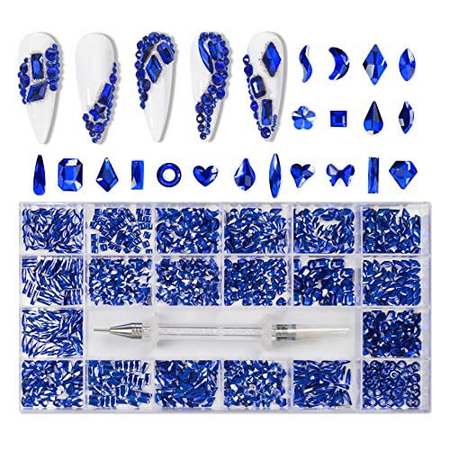 1000Pcs Blue Flatback Nail Rhinestones For Nails, Mix 20 Styles Nail Gems Gemstones Crystals Jewels, Craft Glass Diamonds Stones Set With Wax Pencil For Faces Eyes Clothes Shoes #TOP28
