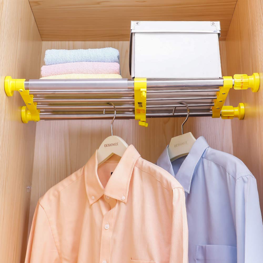 BAOYOUNI Expandable Tension Shelf Adjustable Closet Rod DIY Divider Hanger Clothes Storage Rack Organizer for Bathroom Kitchen Cupboard Wardrobe Bookcase 15.74 to 23.62 Inches - Yellow