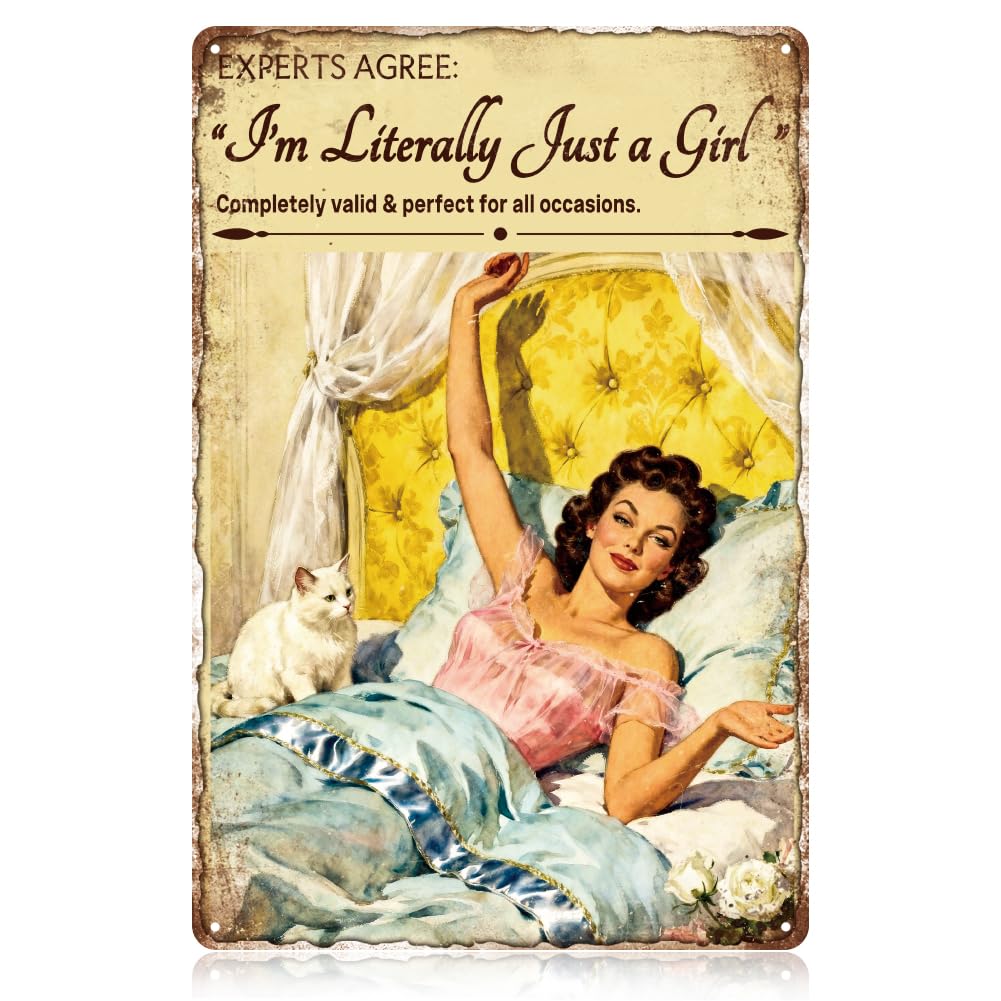 WADORN Funny Pin Up Girl Retro Metal Tin Sign, 8x12 Inch I'm Literally Just a Girl Vintage Wall Art Decor Sleeping Woman Decorative Poster Plaque for Home Garage Bedroom Pubs Hotel Dorm room