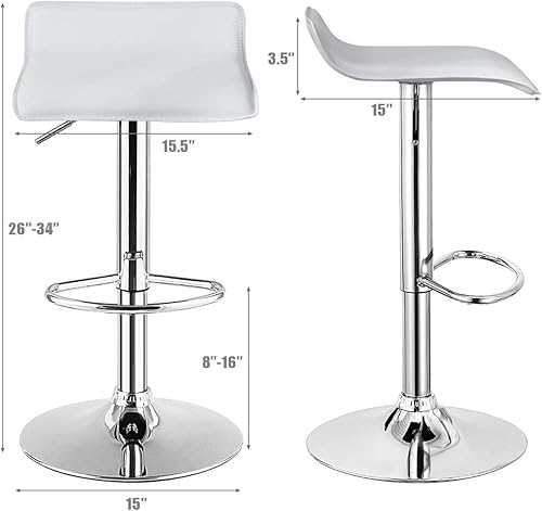 Miniatura 3 de COSTWAY Taburete de bar, giratorio, ajustable, contemporáneo, diseño moderno, cromado, hidráulico, piel sintética, sin espalda, color blanco, juego