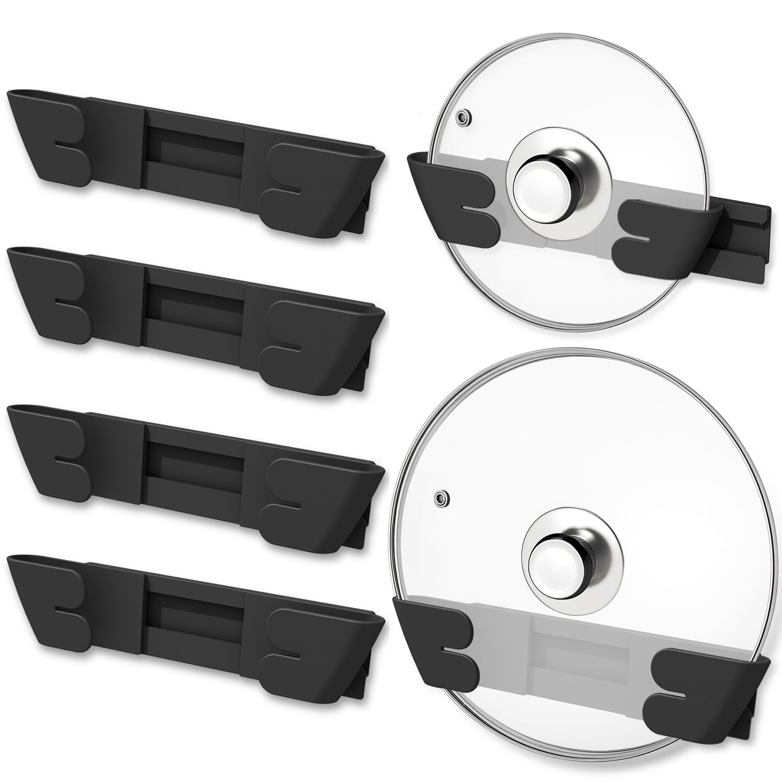 GreatyosAdjustable Pot Lid Holder Organizer for Cabinet - Patented 6 Pcs Universal Pan Lids Organizers Inside Cabinet Door Wall Mount Pots Top Rack for Kitchen Cupboard Fit 6" to 13" (Black)