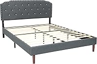 Vista 9 de Giantex Base de cama tapizada con cabecera ajustable, base de cama con plataforma suave capitonada de cristal con listones de madera, base