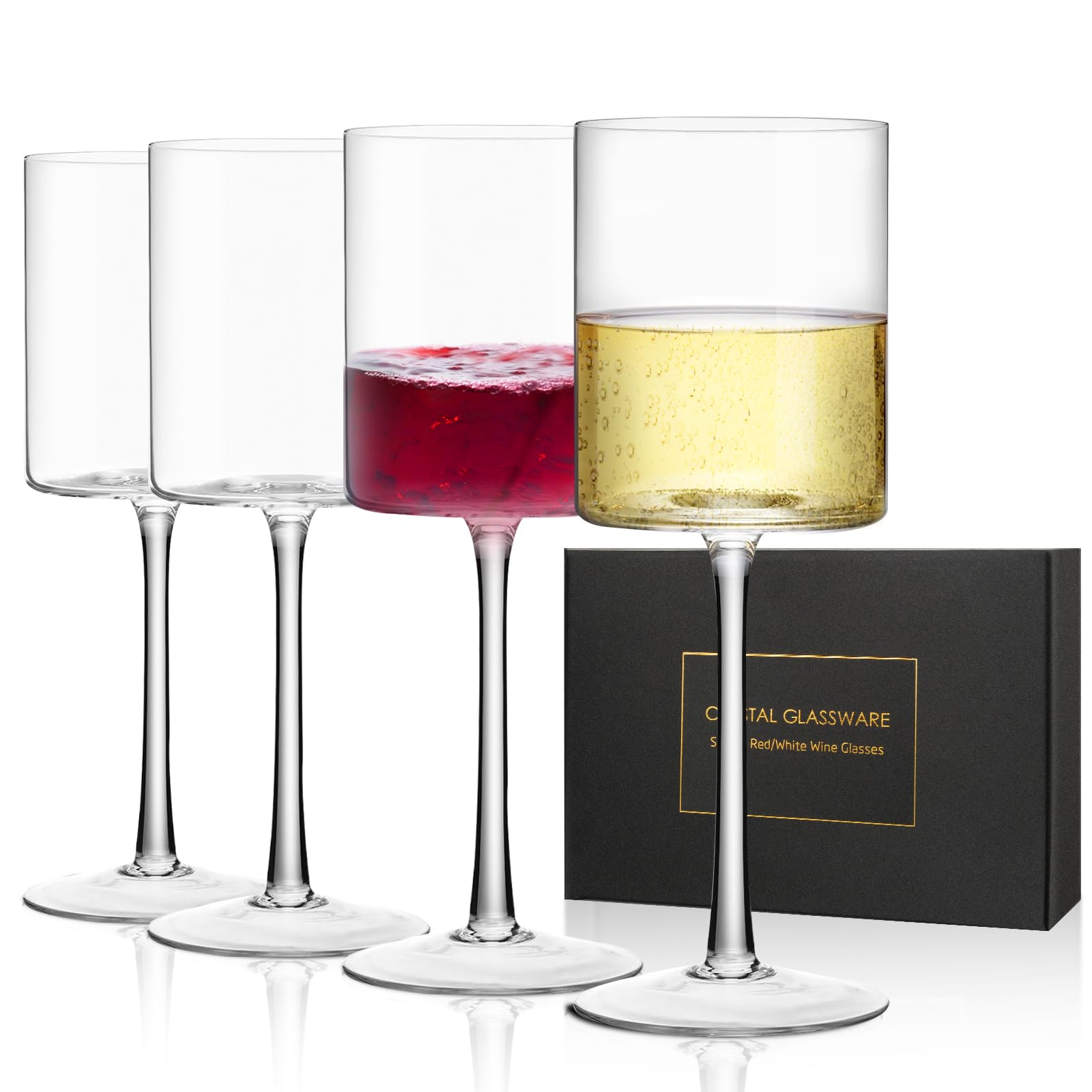 White Wine Glasses Set of 4, Premium Crystal 450ml Square Wine Glasses Hand Blown, Thin Rim, Long Stem, Perfect for Red & White Wine, Gift Packaging Daily Use, Wedding Anniversary Birthday