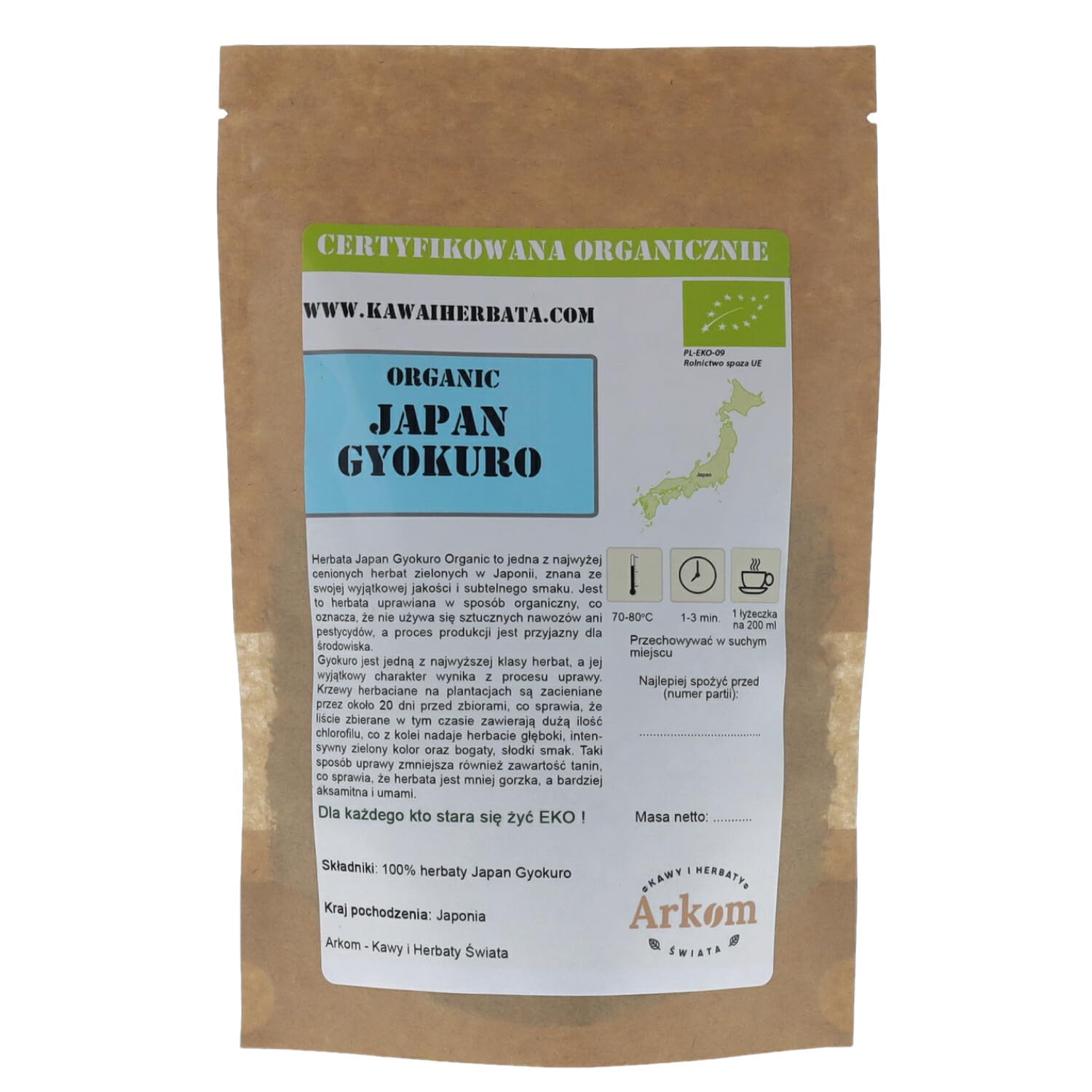 Arkom Herbata zielona Japan Gyokuro Organic liściasta 500 g