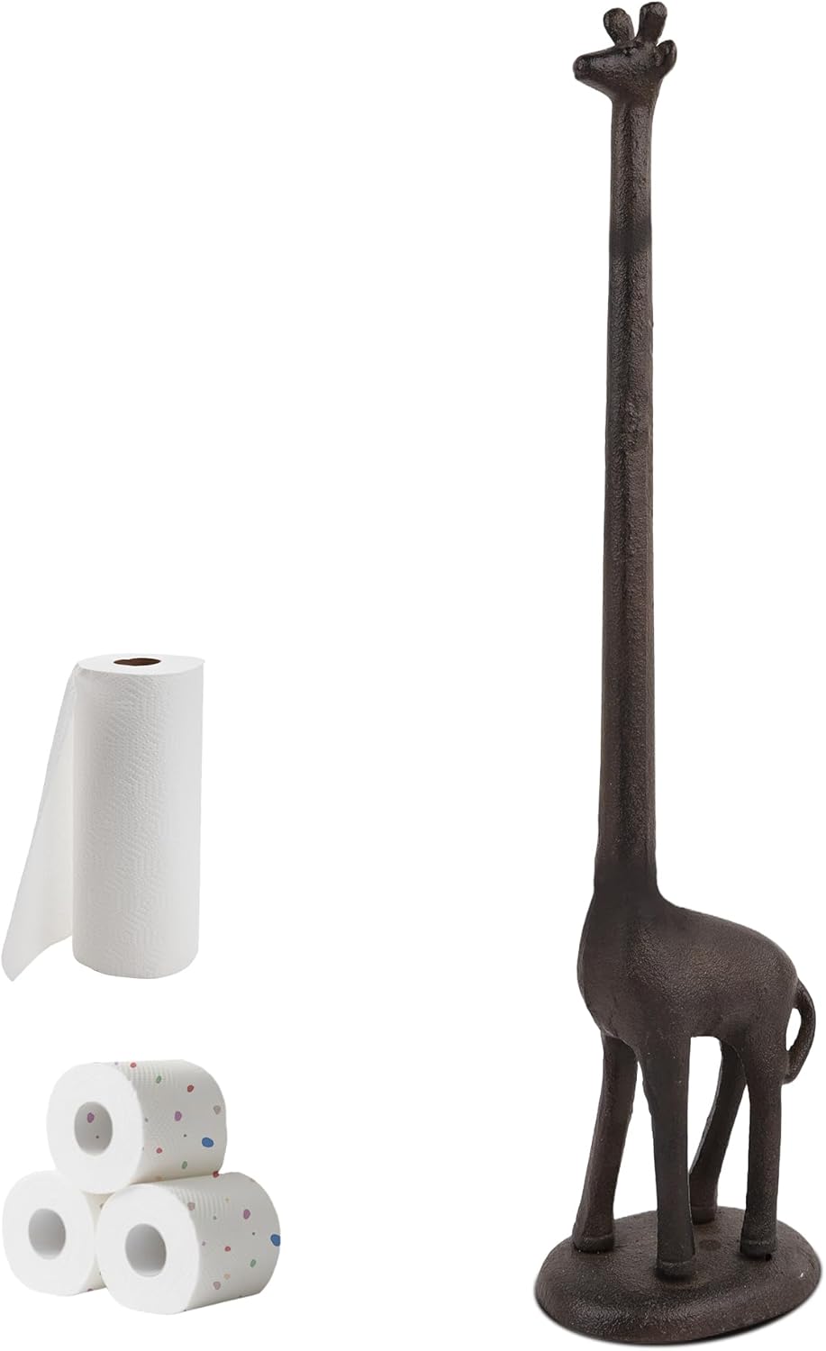 Brown Giraffe Paper Towel Holder for Kitchen & Bathroom - Tall Cast Iron Free Standing Paper Roll Stand with Heavy Base, Safari Style Counter Organizer for Home, Apartment & Office etc.