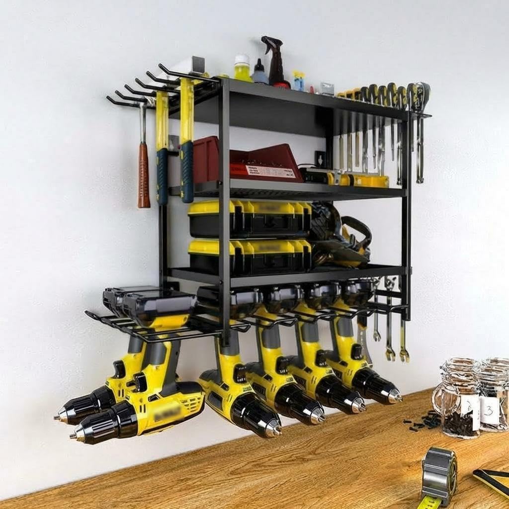 Garvee 4-Tier Power Tool Organiser Wall Mounted, Heavy Duty Metal Garage Storage Rack with Cordless Drill Holder, Workshop & Shed Tool Organiser for Electric Drills, Screwdrivers and Hammers