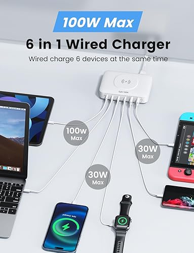 Miniatura 3 de Estación de carga USB de 100 W con cargador inalámbrico de 15 W, Marnana 6 en 1 múltiples puertos USB (2 puertos USB A y 4 puertos USB C) GaN