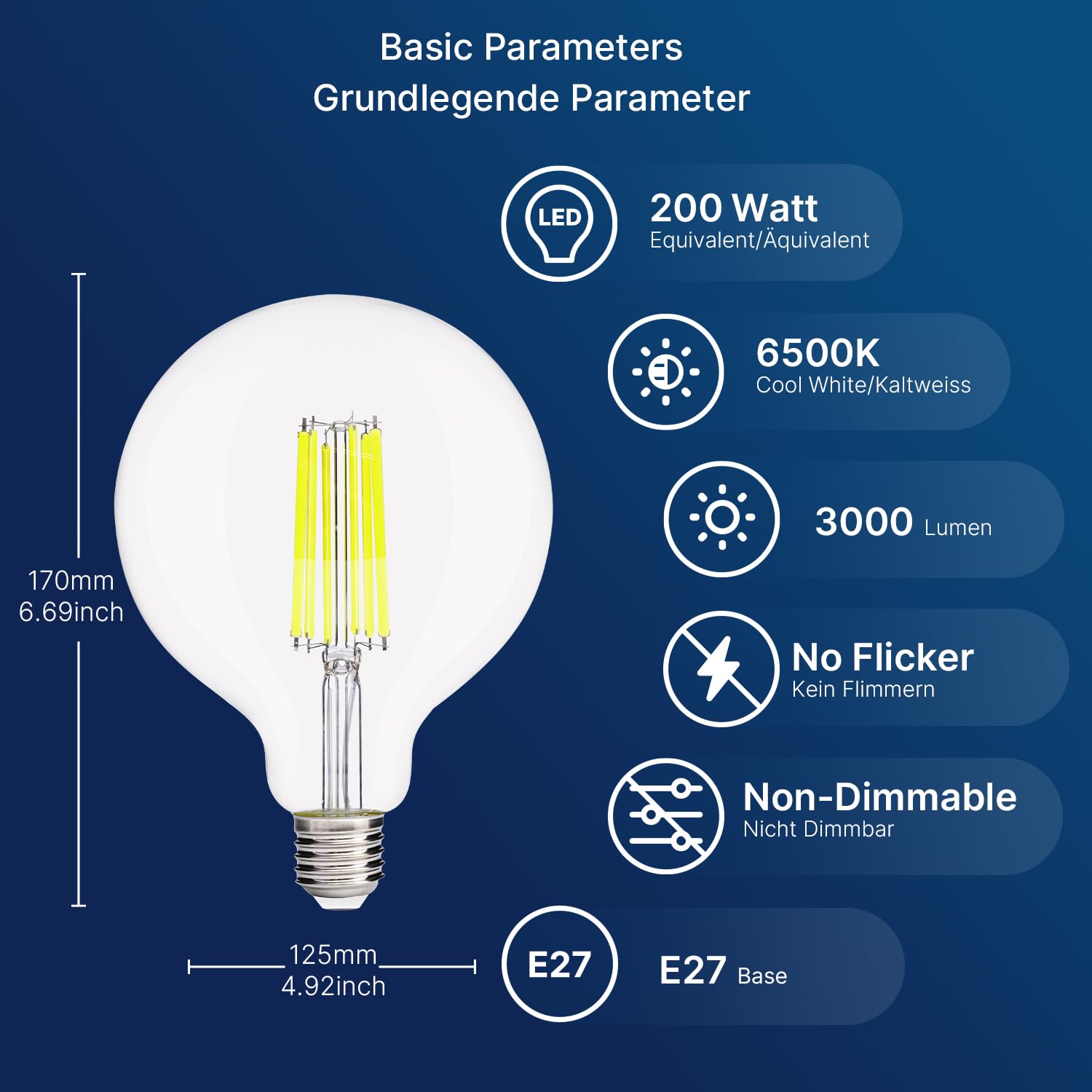 FLSNT E27 Screw Bulb 200W Equivalent, 3000LM Ultra Bright LED Light Bulb, 18W G125 LED Edison Screw Bulb, 6500K Cool White - Image 2