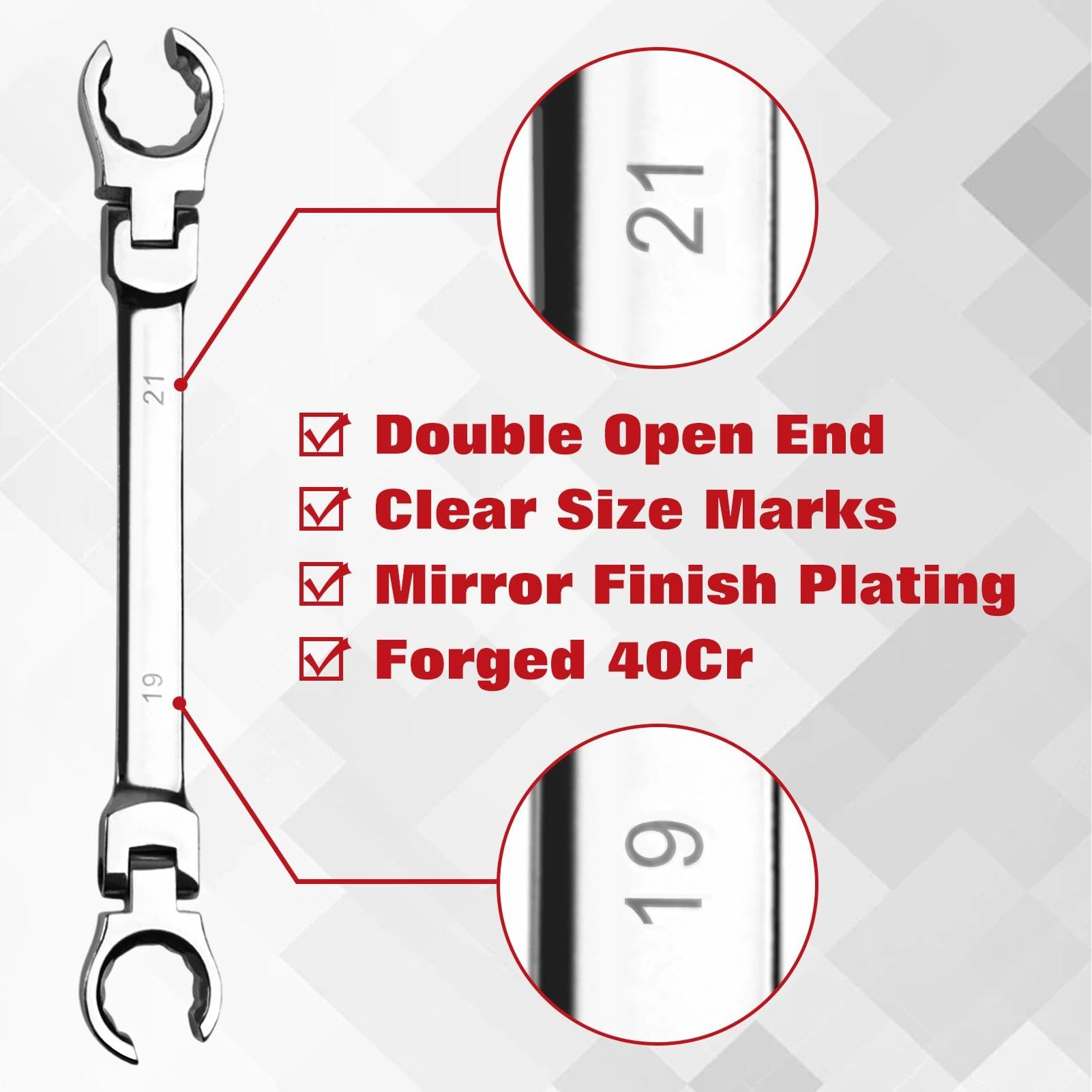 LEONTOOL Jeu de 6 clés à écrous évasés à tête flexible Métrique 9, 10, 11, 12, 13, 14, 15, 17, 18, 19, 21mm | Clé de conduite de frein à double extrémité ouverte 40 Cr pour l’automobile, la plomberie