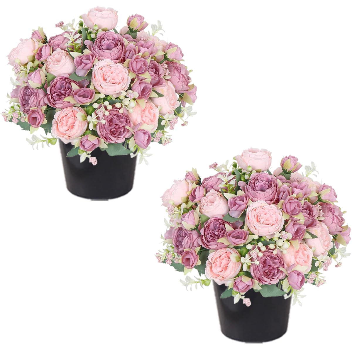 Etomvoop Pink 2Pcs Grave Flowers In Pots, 27 Heads Silk & Purple Peonies Cemetery Flower, Uv Resistant Waterproof Faux Funeral Floral For Outdoor Graveside Headstone Memorial Tribute Decoration