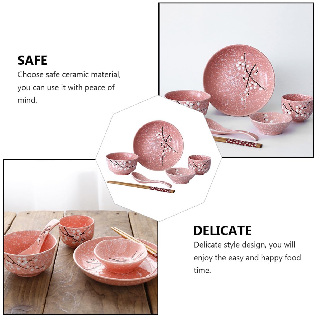 NOLITOY Set di Stoviglie in Ceramica Giapponese Rosa 12 Pezzi per Casa e Feste Ciotole, Piatti, Tazze, Bacchette e Cucchiai per Uso Quotidiano