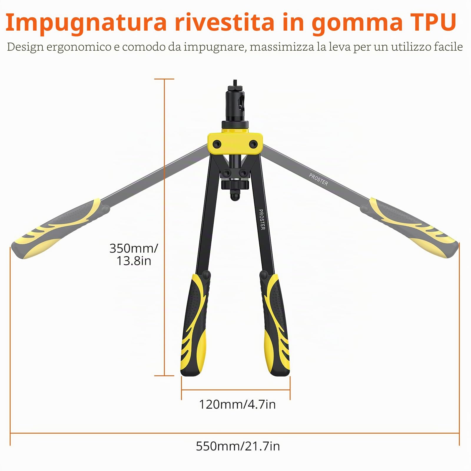 Proster 14" Rivettatrice Professionale a Doppia Impugnatura Kit Pistola a Rivetti con 6pz Mandrini Metrici Intercambiabili e 150pz Rivetti Dadi Filettati M3 M4 M5 M6 M8 M10-Giallo