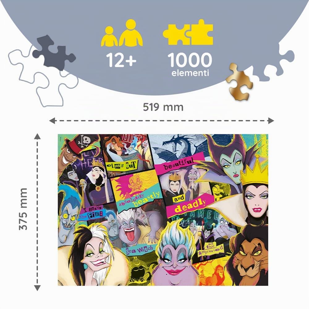 Trefl – Puzzle di Legno: Disney Villains, Rally di Villains - 1000 Pezzi, Artigianato in Legno, Forme Irregolari, 100 Figure di Fiabe, Puzzle Moderno e di Qualità, per Bambini dai 12 Anni in Su