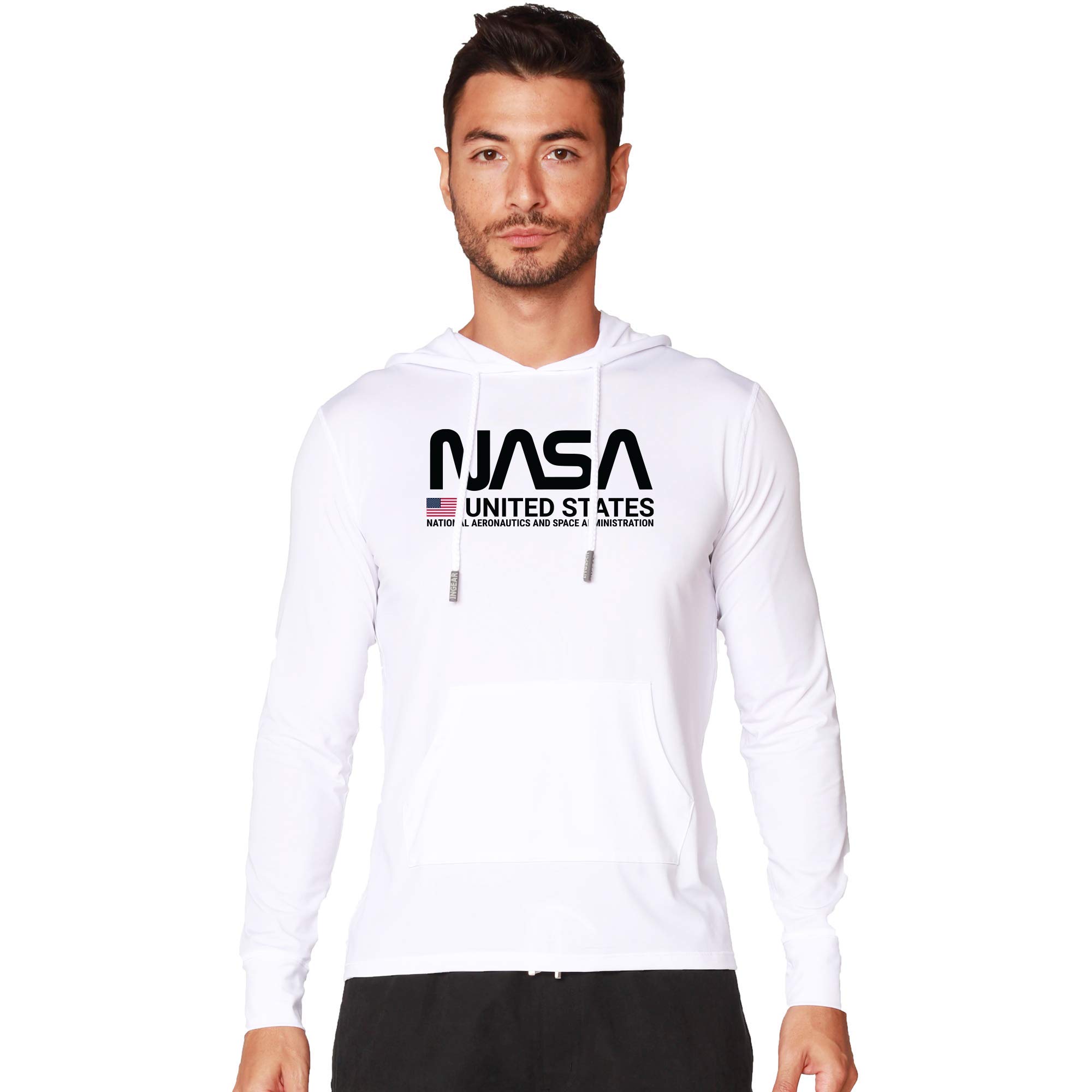 NASA Logo Men's Performance UPF 50+ UV/Sun Protection Hoodie T-Shirt Long Sleeve with Pockets SPF Shirt Running Hiking Shirt (White-001, Small)
