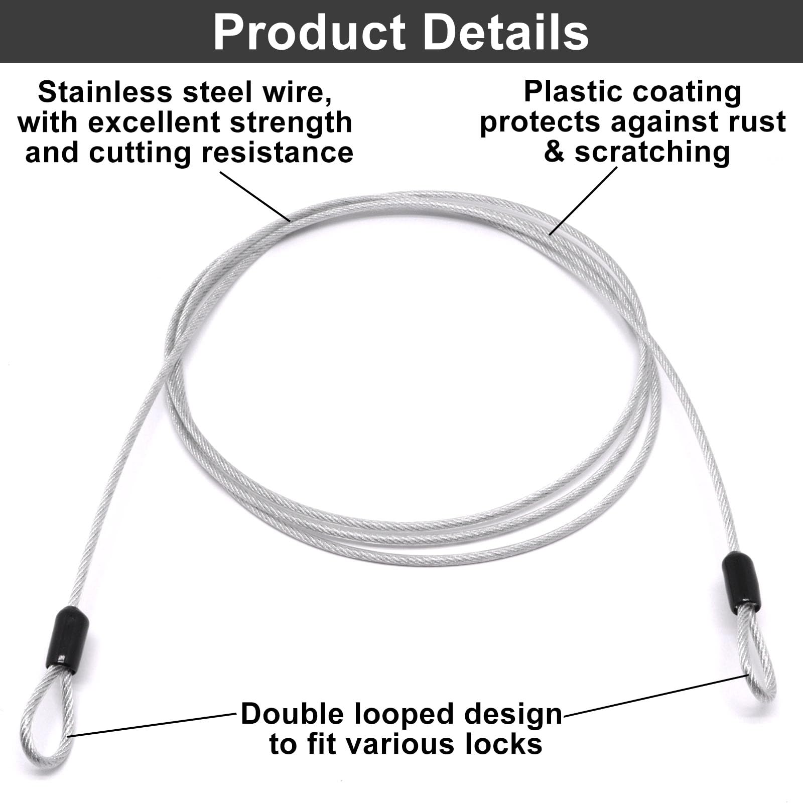 Câble de sécurité argenté de 3 mm, 4 câbles en acier inoxydable avec boucles, câble de sécurité avec double boucle, câble de verrouillage de bagage pour vélo