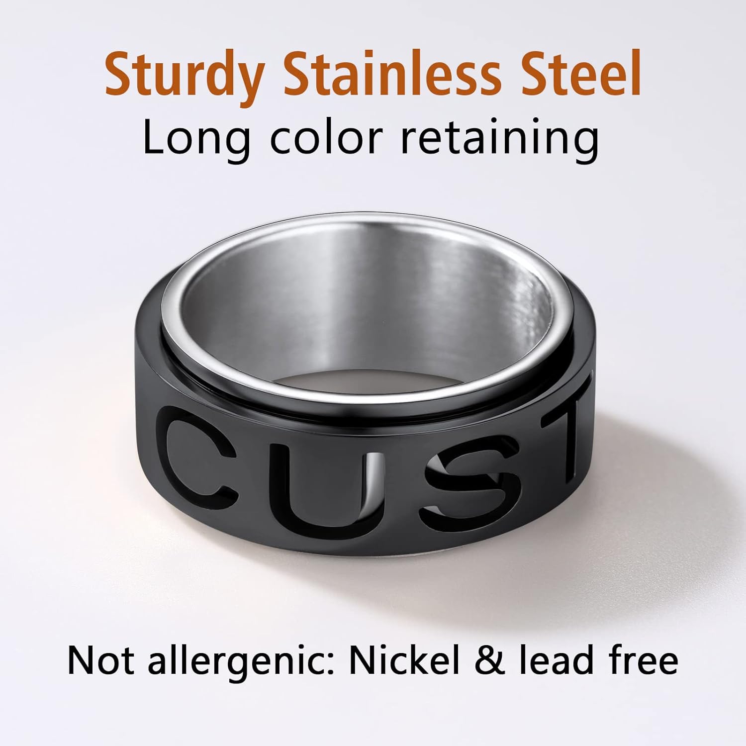 FindChic Stainless Steel Spinner Band Rings for Men Women Triple Moon/Mixed Color/18K Gold Plated Width 8mm Size 7 to 14 Engraved Personalized Rotatable Anxiety Ring, Send Gift Box