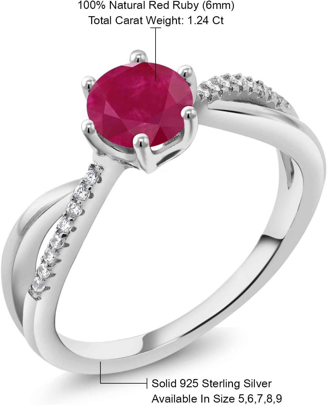 Gem Stone King 925 Sterling Silver Red Ruby Gemstone Birthstone Wedding Engagement Women's Ring 6 Prongs (1.24 Cttw Round)