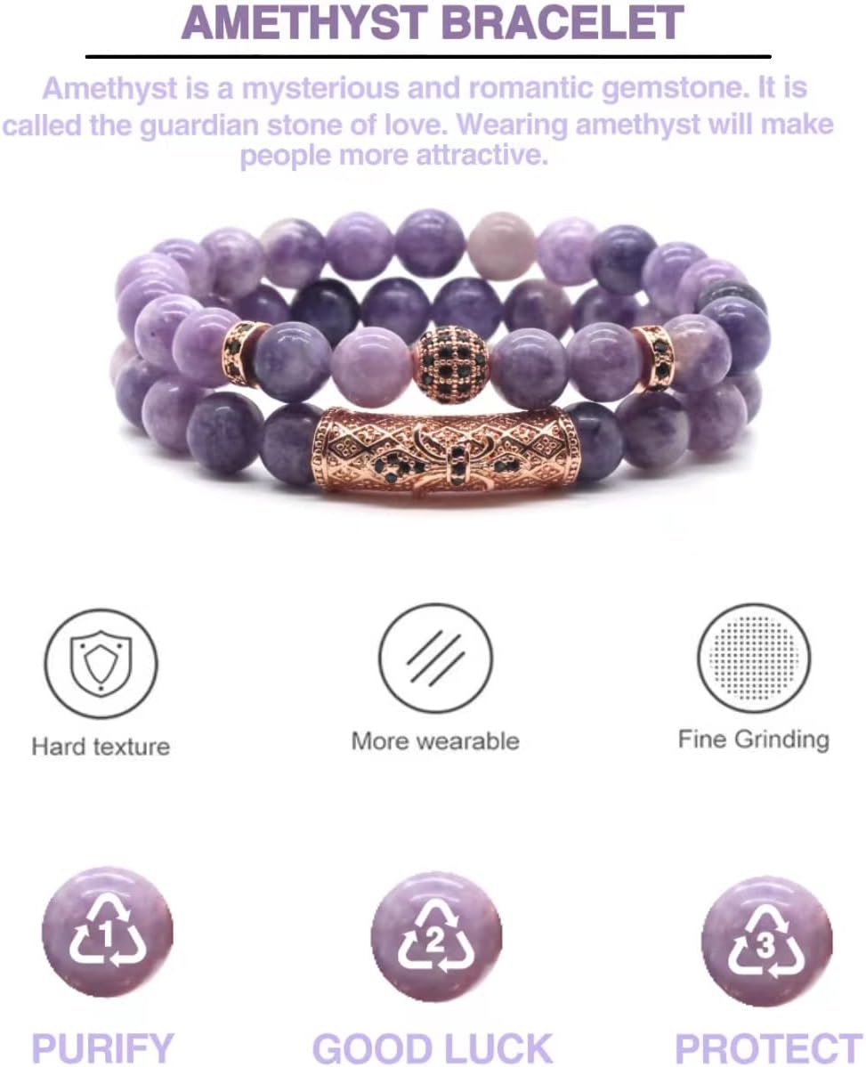 2Pcs Healing Crystal Beaded Bracelet for Men Women Handmade 8MM Beads Stretch Bracelet Protection Bracelets Bring Good Luck Prosperity and Happiness Gifts for Men Women - Image 3