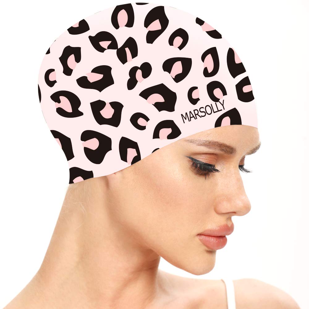 Marsolly Silicone Swimming Hat, Swim Cap for Women, Waterproof Long Hair Swimming Caps with Flower Printed