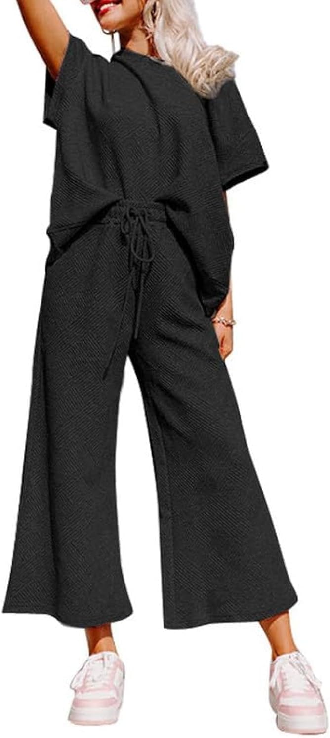 SHEWINWomen's 2 Piece Outfits Sweatsuit Casual Short Sleeve Pullover Tops and Drawstring Wide Leg Pants Lounge Sets