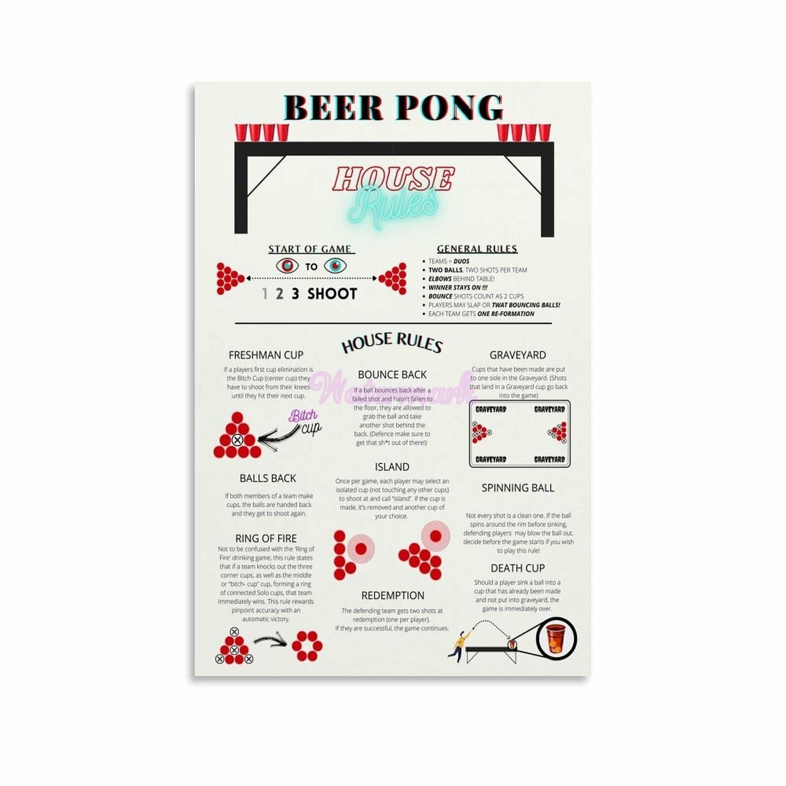 ZDVHOMCB Fun Party Poster Beer Pong Official House Rules Canvas Wall-Art for Game Room College Dorm Bar Wall Decor Framed,16x24inch(40x60cm)