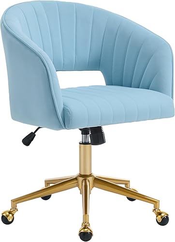 Silla de oficina en casa, silla giratoria de terciopelo para escritorio, sillón tapizado moderno con base dorada para niñas y mujeres, asiento de