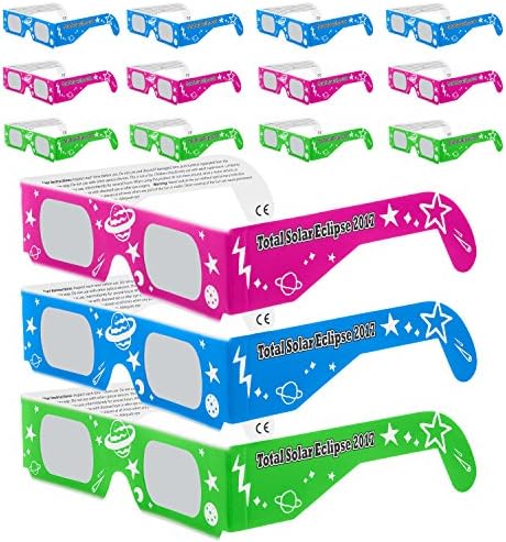 Solar Eclipse Glasses CE and ISO Certified - Safe Solar Viewing - Viewer and Filter - Made in USA - NEON (12 Pack)