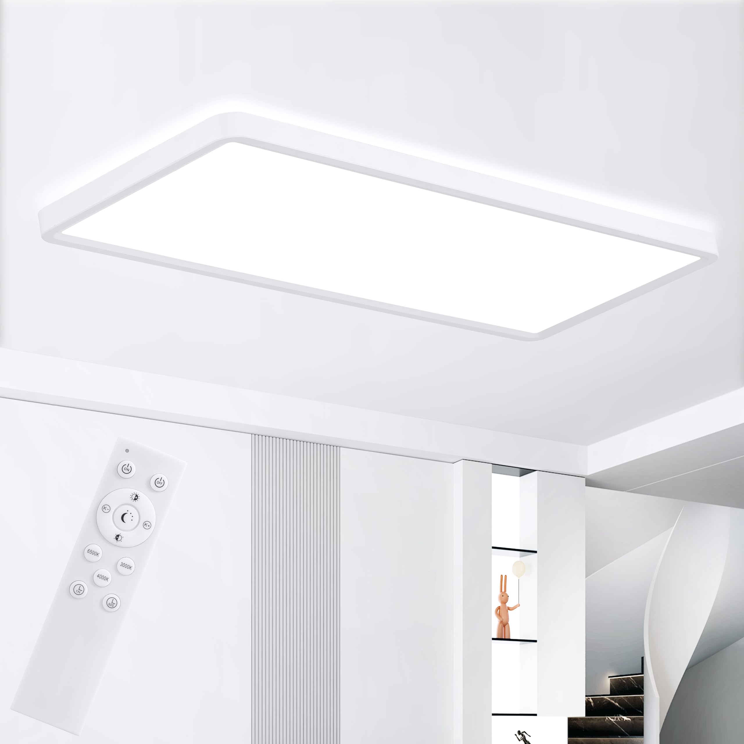 MOONSEA LED Deckenleuchte Flach Dimmbar 32W, Deckenlampe Rechteckig 3000K-6500K, Deckenleuchte mit Fernbedienung für Wohnzimmer Schlafzimmer Kinderzimmer Küche, 58x22cm, Weiß