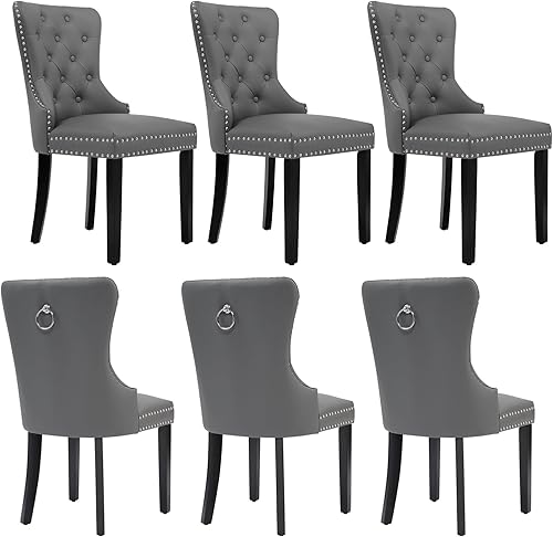 Miniatura 27 de Juego de 2 sillas de comedor de cuero PU, sillas de comedor tapizadas acolchadas con anillo de tracción y patas de madera maciza, negro