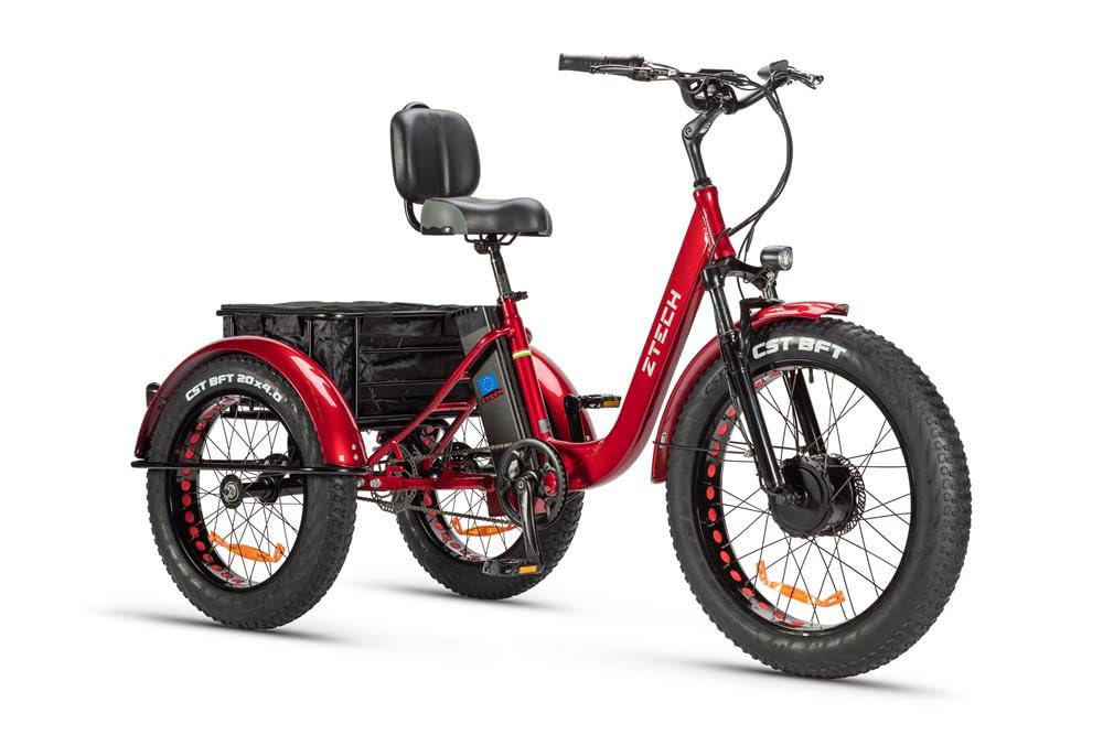 Tecnobike Shop Bici Bicicletta Elettrica Pedalata Assistita Triciclo Bicicletta Elettrica Z-​TECH ZT-​80-​A FAT TRIKE 3 Ruote 250W 13 Ah 48V Batteria Litio e-​Bike con Pedali e-​Bicycle (Rosso)