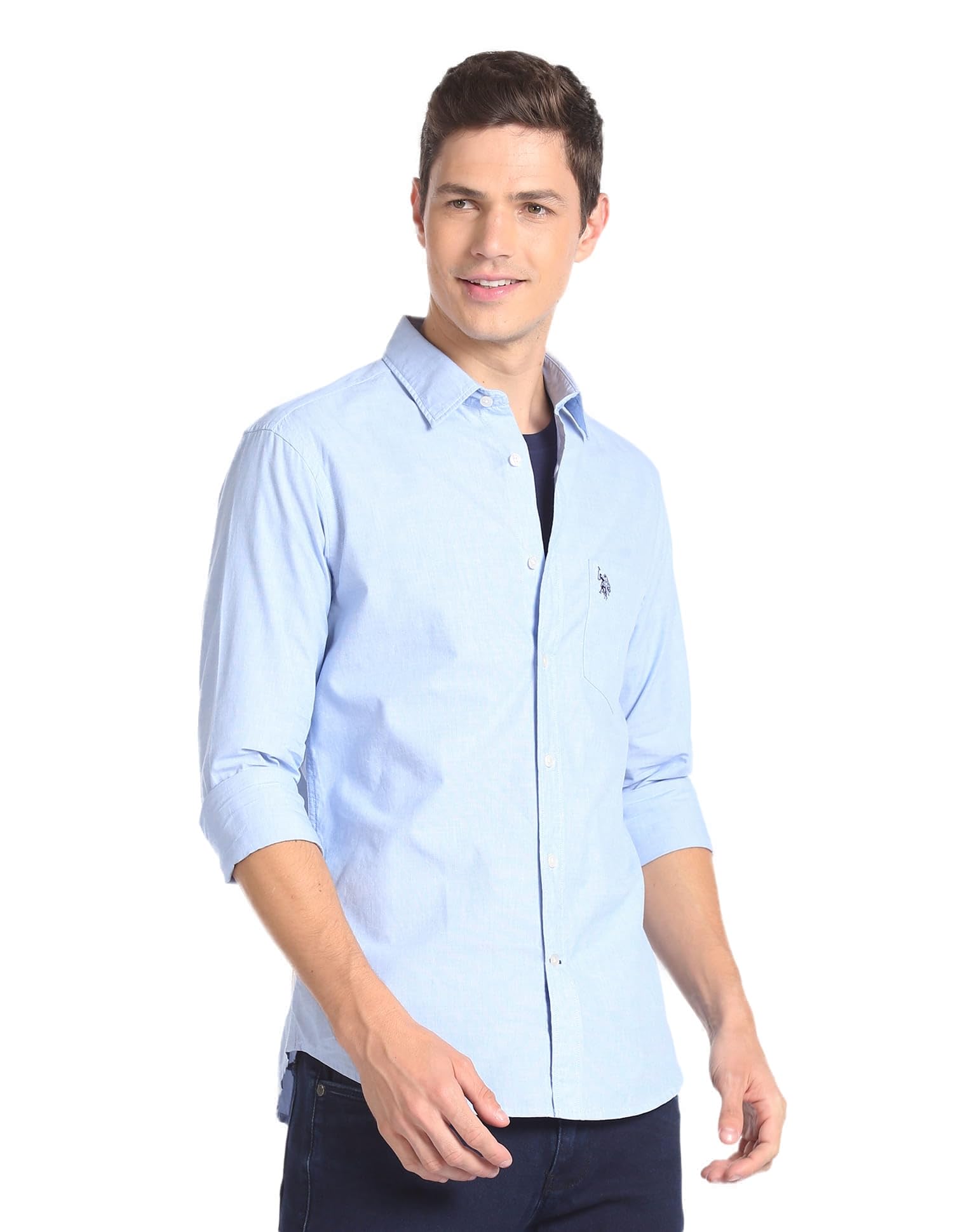 u.s. polo assn. Men's Blue Solid Spread Collar Collared Neck Full Sleeve Casual Cotton Regular Fit Shirt-picture-14