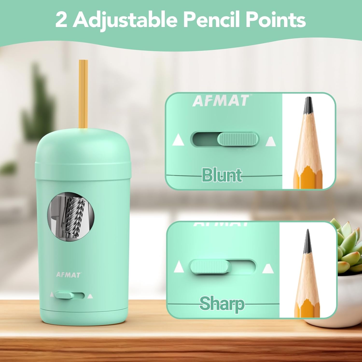 AFMAT Electric Pencil Sharpener, Fully Automatic Pencil Sharpener for 7-8mm Pencils & Colored Pencils, Auto in & Out, Rechargeable Vertical Hands-Free Sharpeners for Classroom/Home/Office PSX7(Green)