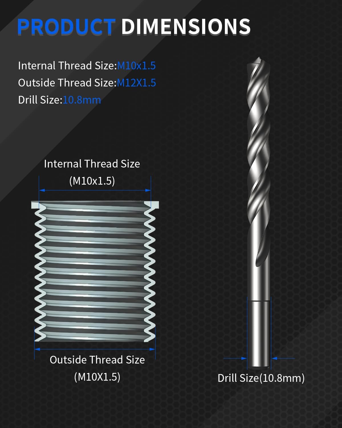 M10x1.5 Metric Thread Repair Kit, with HSS Drill, HSS Tap, Counterbore, Installation Driver, M10x1.5MM 10 pcs 304 Stainless Steel Inserts (14mm Length)