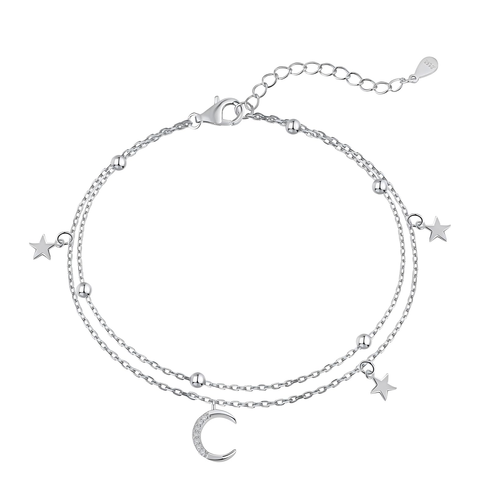 Hinvan Pulsera de Plata de Ley 925 Pulsera Plata Mujer Pulsera Estrellas Luna de Circonita Cúbica Pulseras de Mujer Pulsera Estrella Ajustable Charm Brazalete Pulsera para Mujer Niña