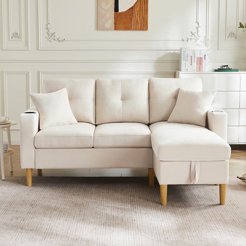 Sweiko Canapé Moderne en L, Sofa 3 Places avec méridienne, Espace de Rangement, Porte-gobelets intégré, 2 Coussins Inclus, idéal pour Le Salon, Le Bureau ou l'appartement. (Beige)