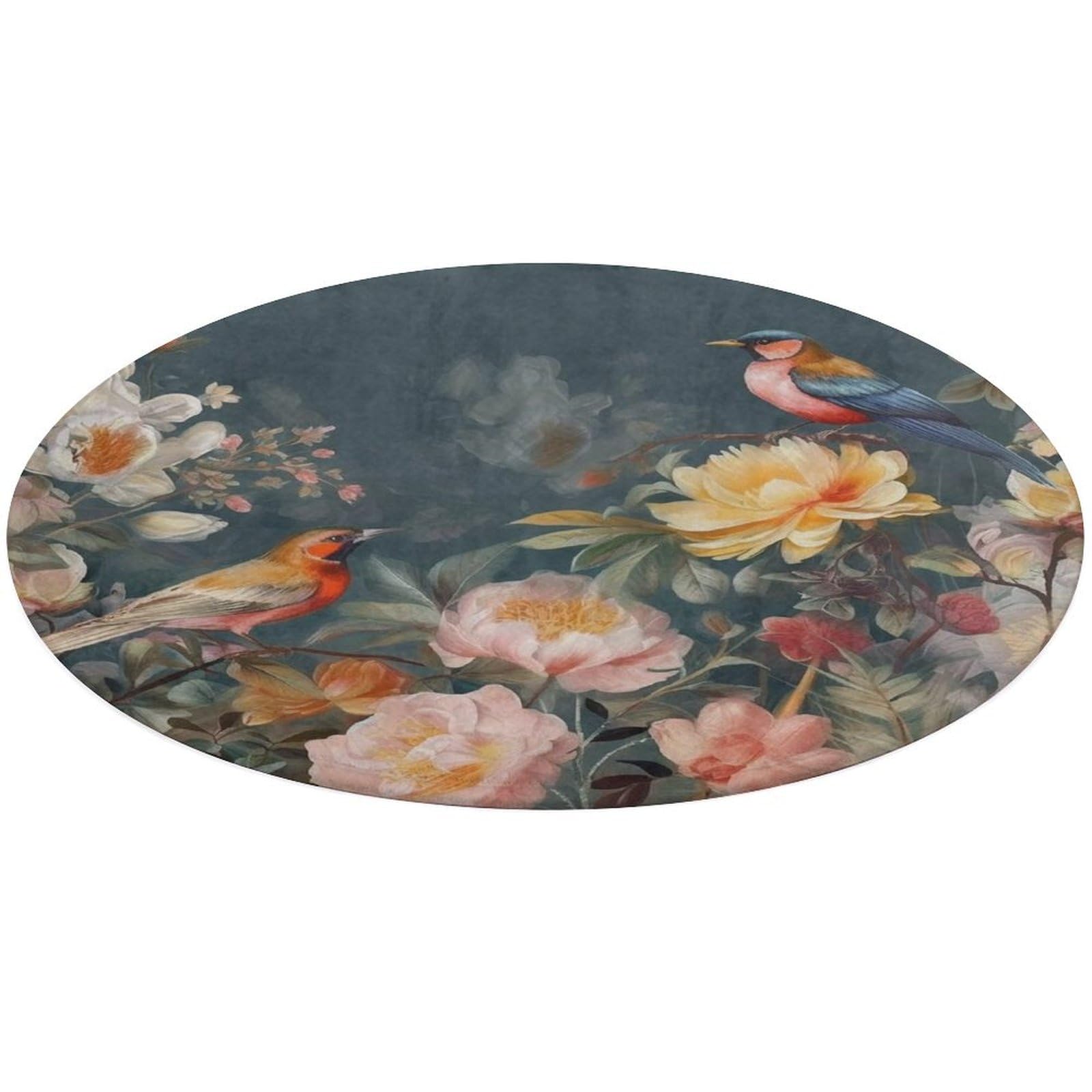 Tapis de sol rond en velours corail motif fleurs et oiseaux pour salon et chambre 80x80cm
