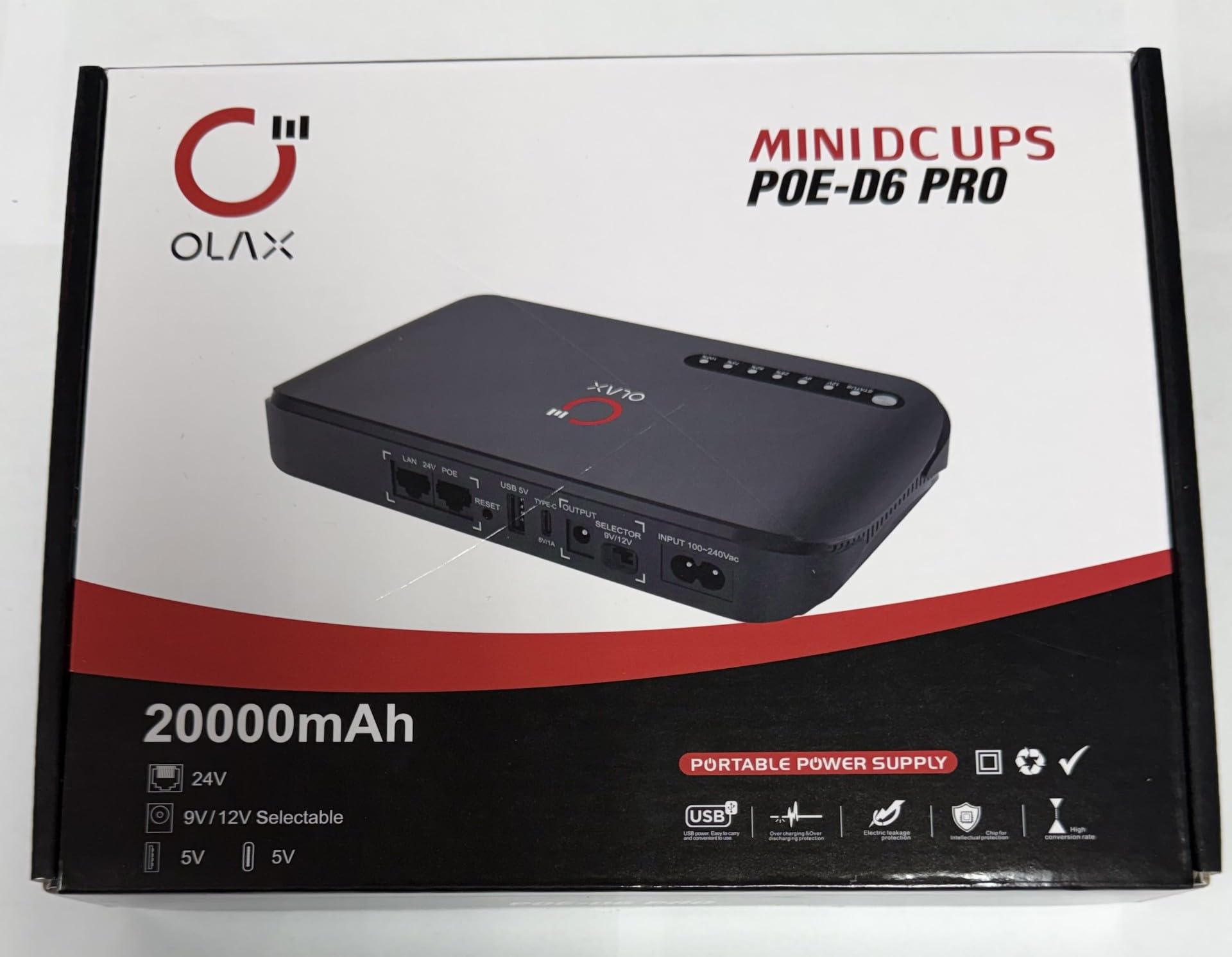 Front view of OLAX Mini DC-UPS POE-D6 with status indicators