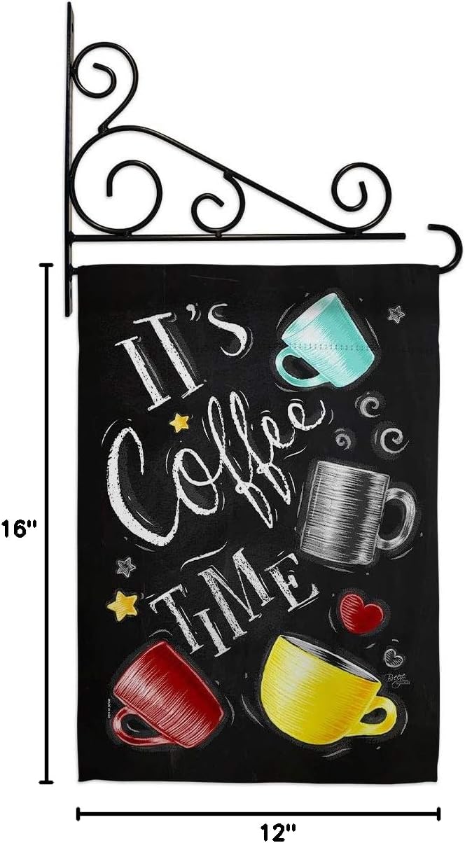 Its Coffer Time Garden Flag Set Wall Holder Beverages Coffee Tea Latte Capucchino Expresso Drink Cream Cup Teapot Small Decorative Gift Yard House Banner Double-Sided Made In USA 13 X 18.5