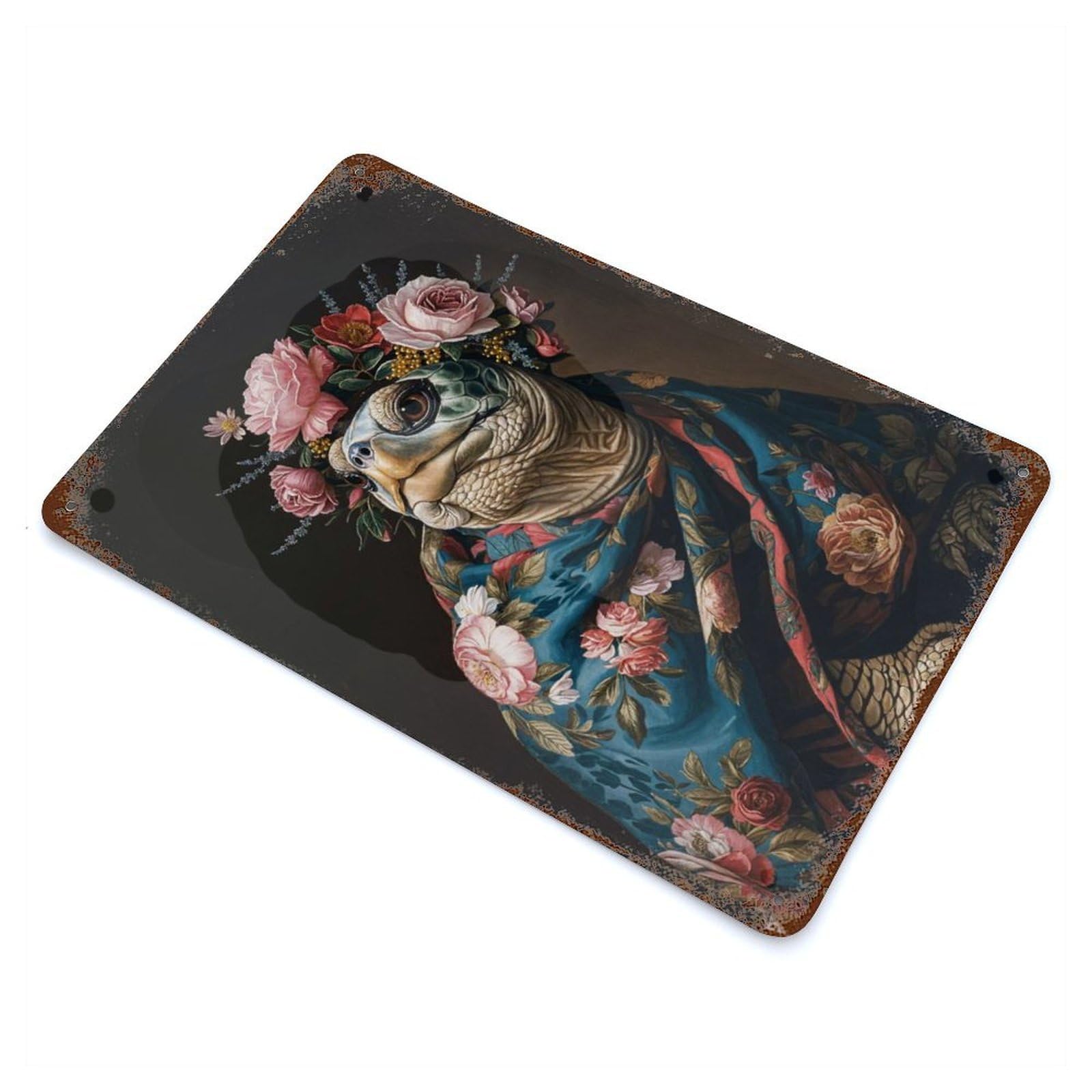 Turtle with Flowers 11.8"x7.9" Rustic Tin Plaque, Novelty Wall Decor for Living Room, Hallway And Home Decor