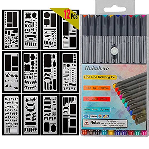 Huhuhero 10-Colors Bullet Journaling Pens and 12-Pieces Drawing Stencils Perfect for Planner Bullet Journaling Writing Note Taking Notebook Diary Calendar and School Office Supplies (22 PCS) (22 pcs)