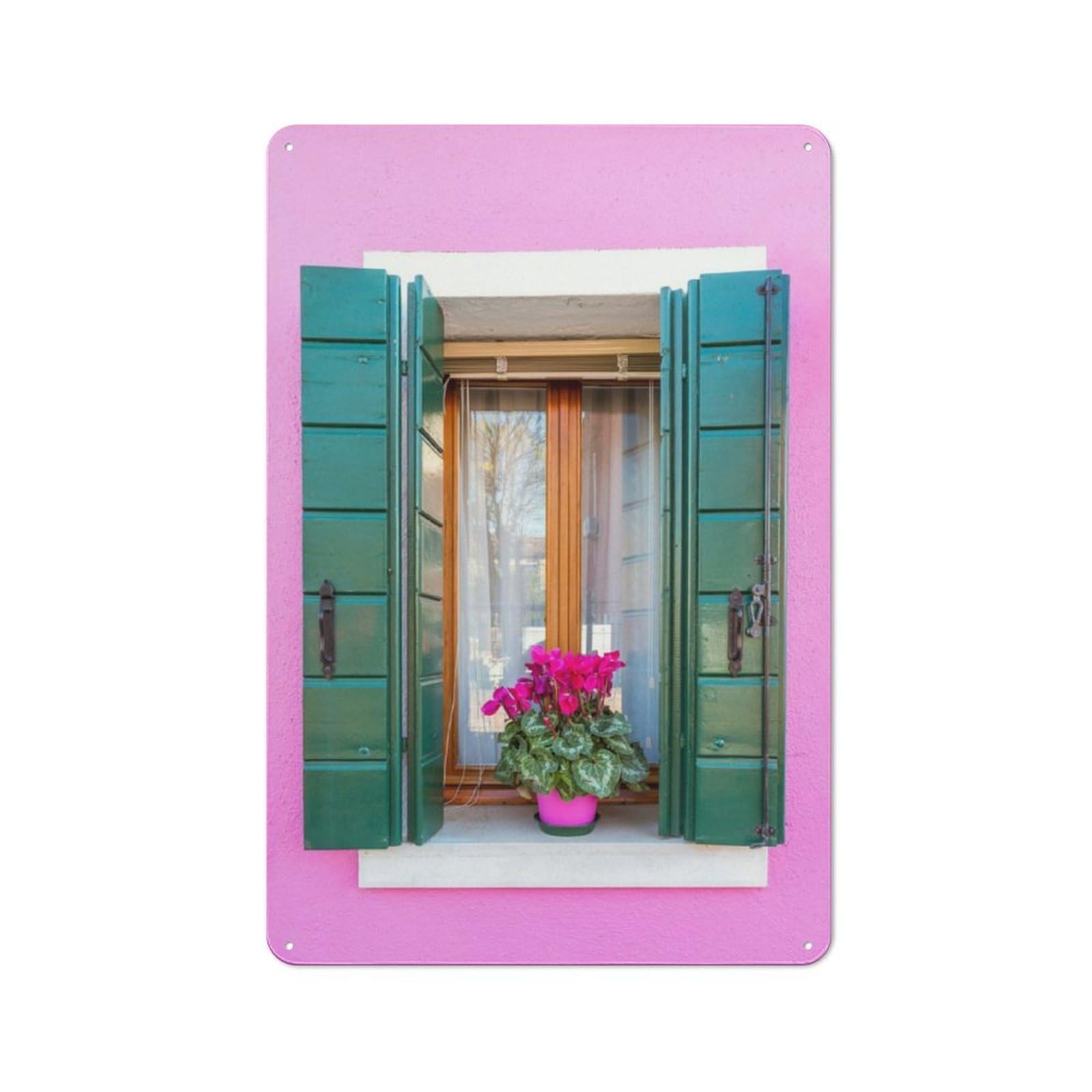 Junmoney Window On Pink House Italy Cottage Style Metal Wall Decor 30X20cm, Tin Wall Plaque For Kitchen, Cottage, Porch Or Garden Room