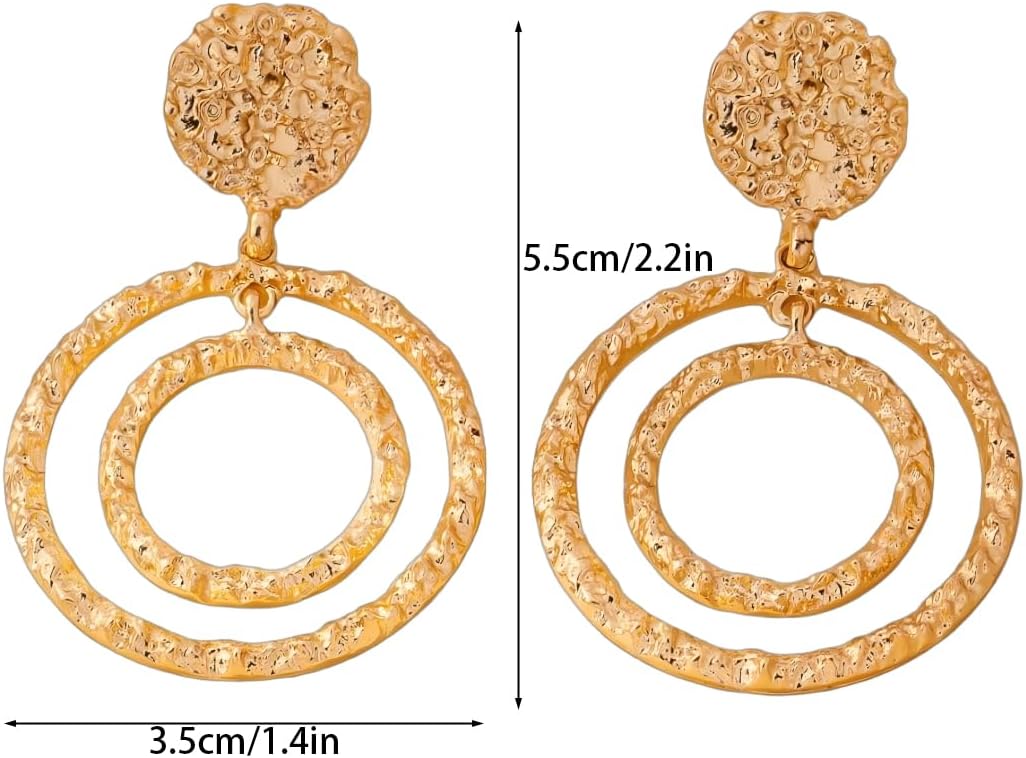 Double Round Hoop Earrings for Women Hammered Large Circle Dangle Earrings Gold Plated Textured Drop Dangle Earring Trendy Jewelry Gift - Image 6