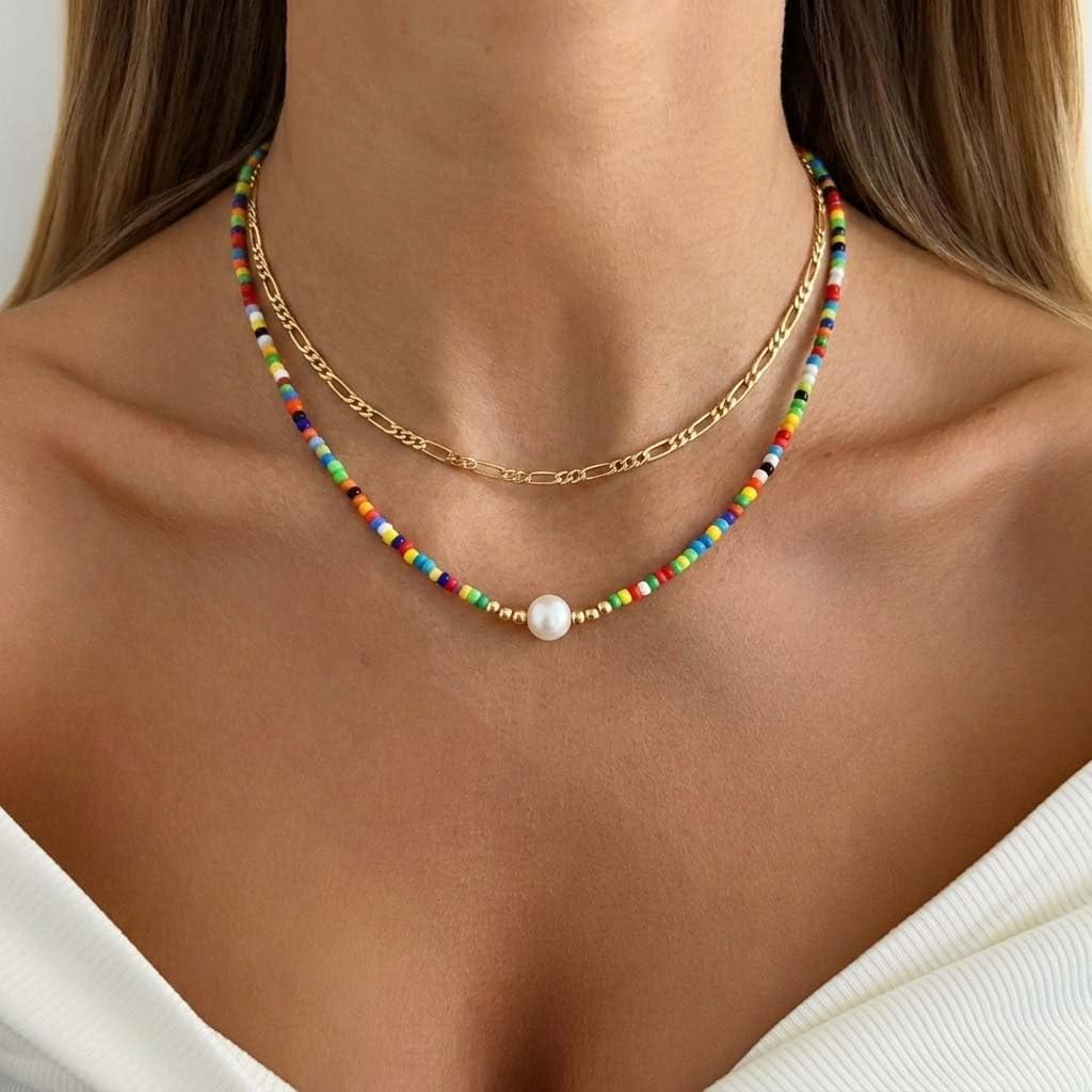 Colorful Necklace Stack for Women Colorful Beaded Cross Pendant Pearl Non Tarnish Stainless Steel Chain Paperclip Summer Beachy Necklace Gifts Trendy Fashion Accessories image 2