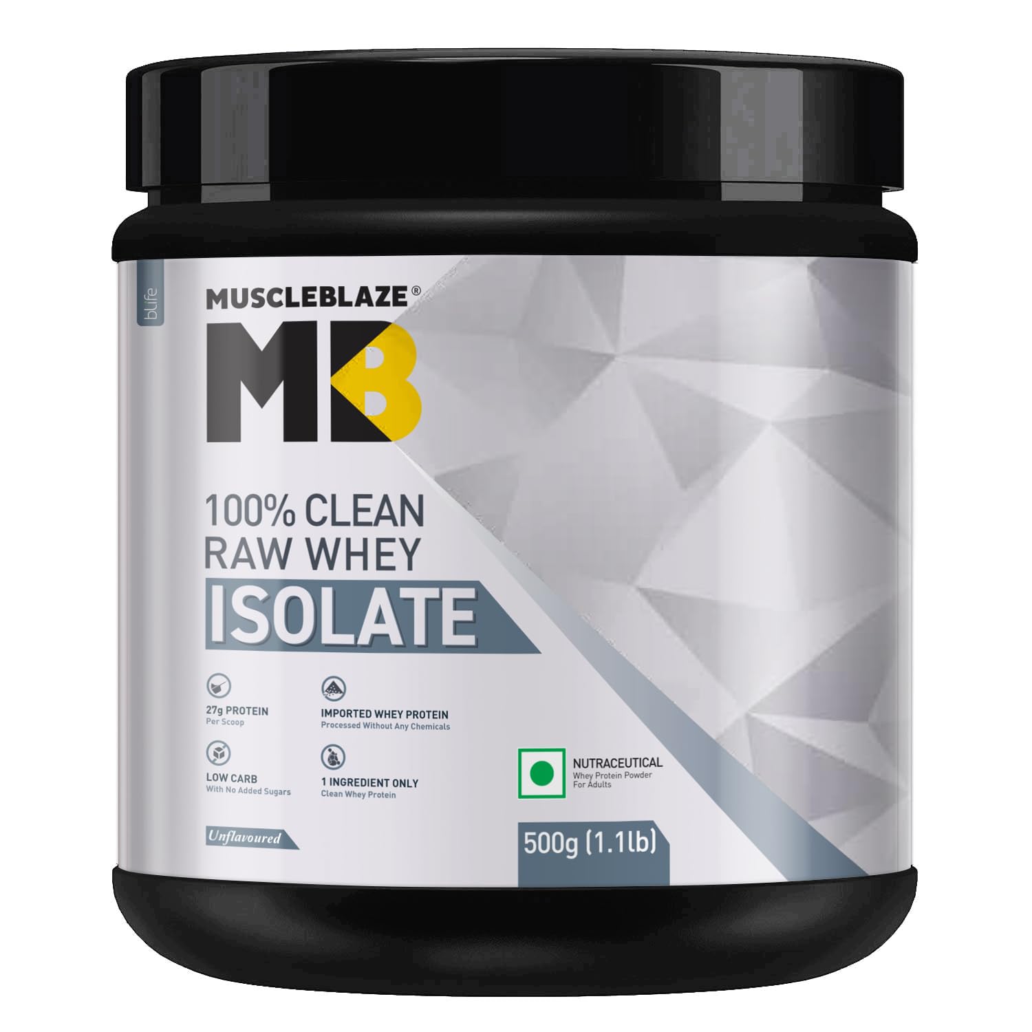MuscleBlaze 100% Clean Raw Whey Protein Isolate (Unflavoured, 500g) | 27g Protein per Scoop | Easy to Digest