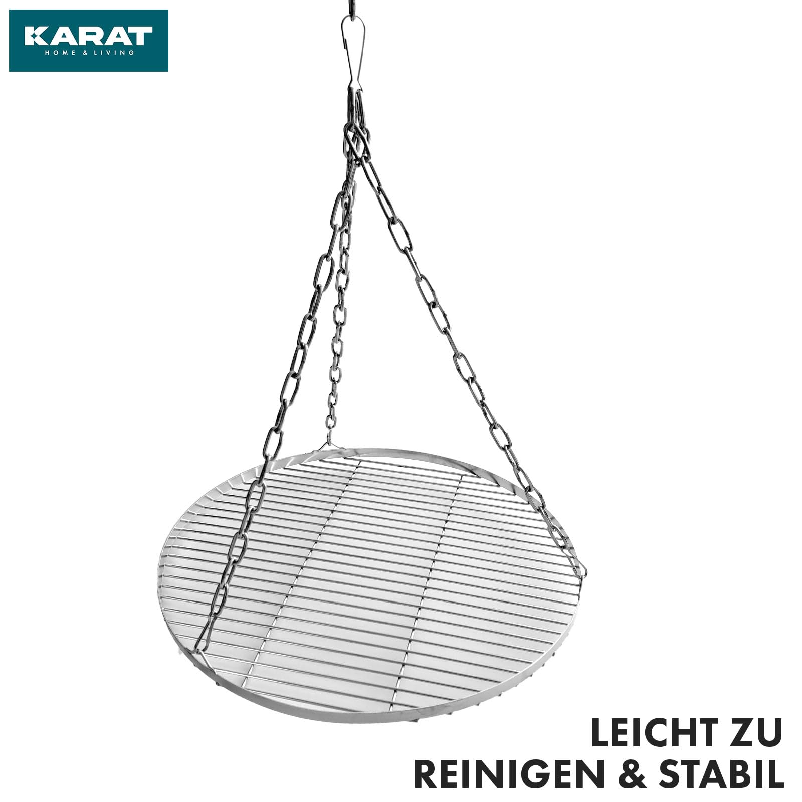 KARAT Grillrost Ø 60 cm mit Kette für Schwenkgrill, Dreibein Grill Rost, BBQ, rostfrei für Holzkohlegrill, 14mm Stababstand