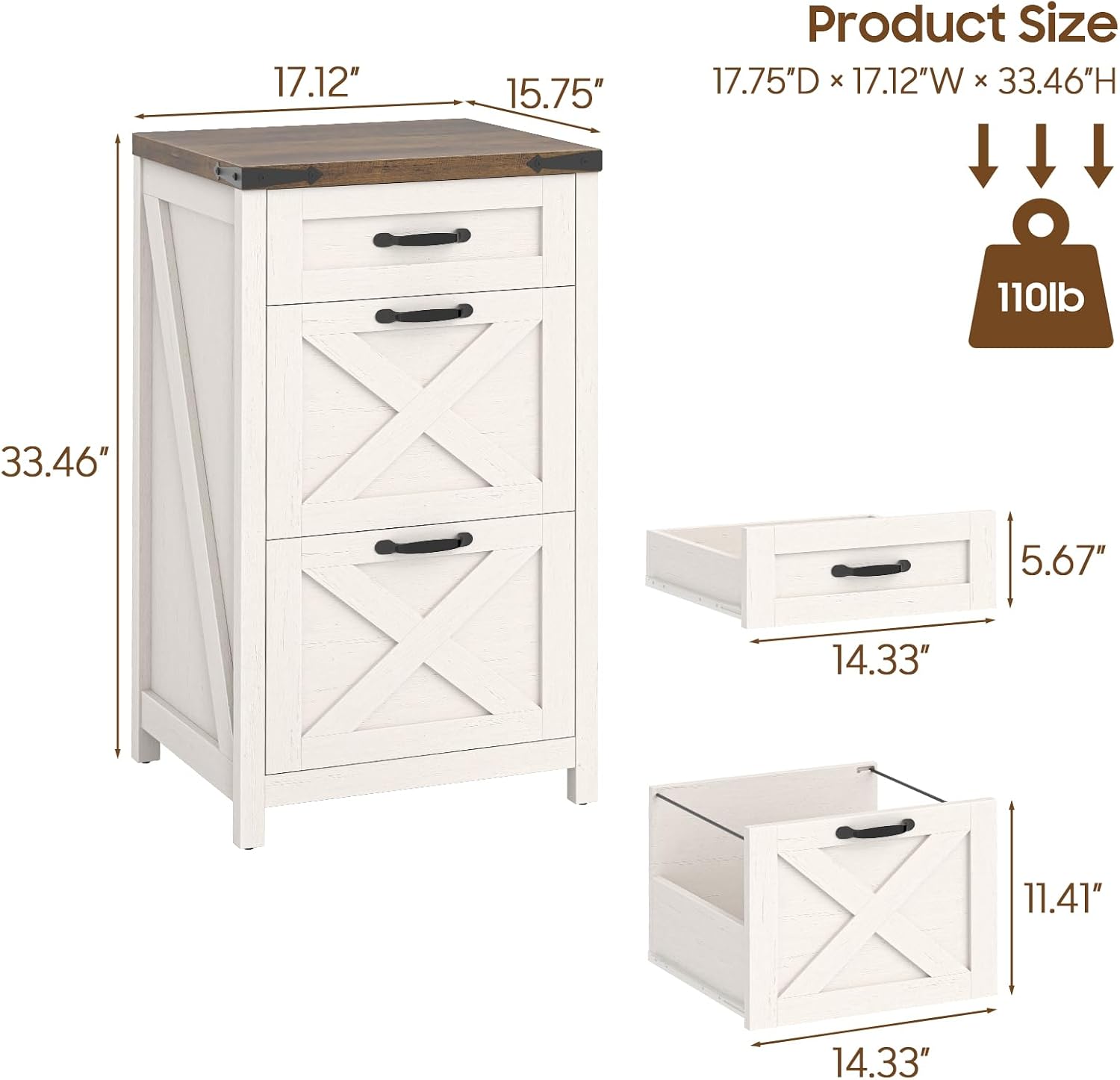 Halitaa Farmhouse File Cabinet with 3 Drawers for Home Office, Rustic White